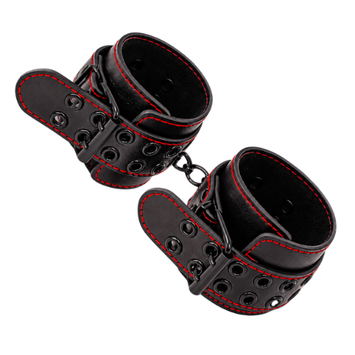 Midnight Link adjustable padded handcuff set in black faux leather with red stitching