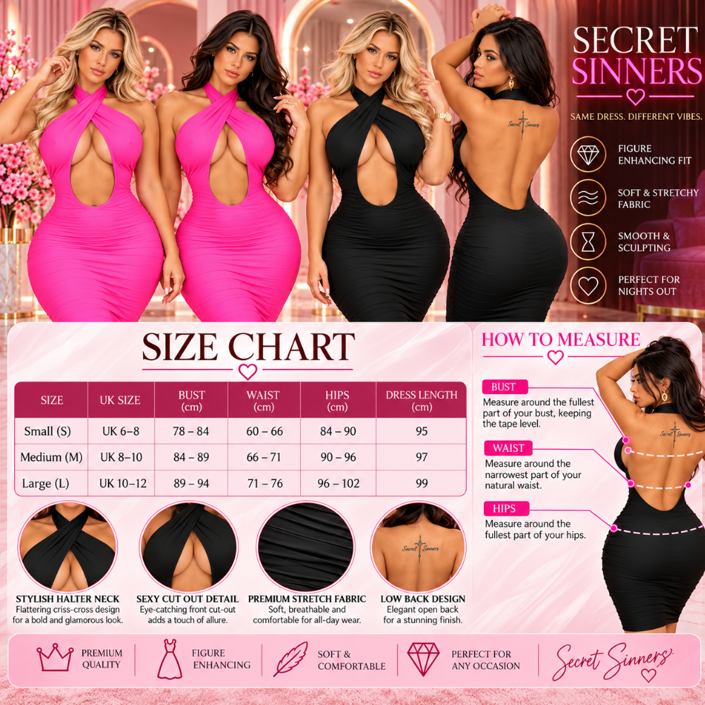 UK size chart for Sinfully Yours backless bodycon dress in pink and black