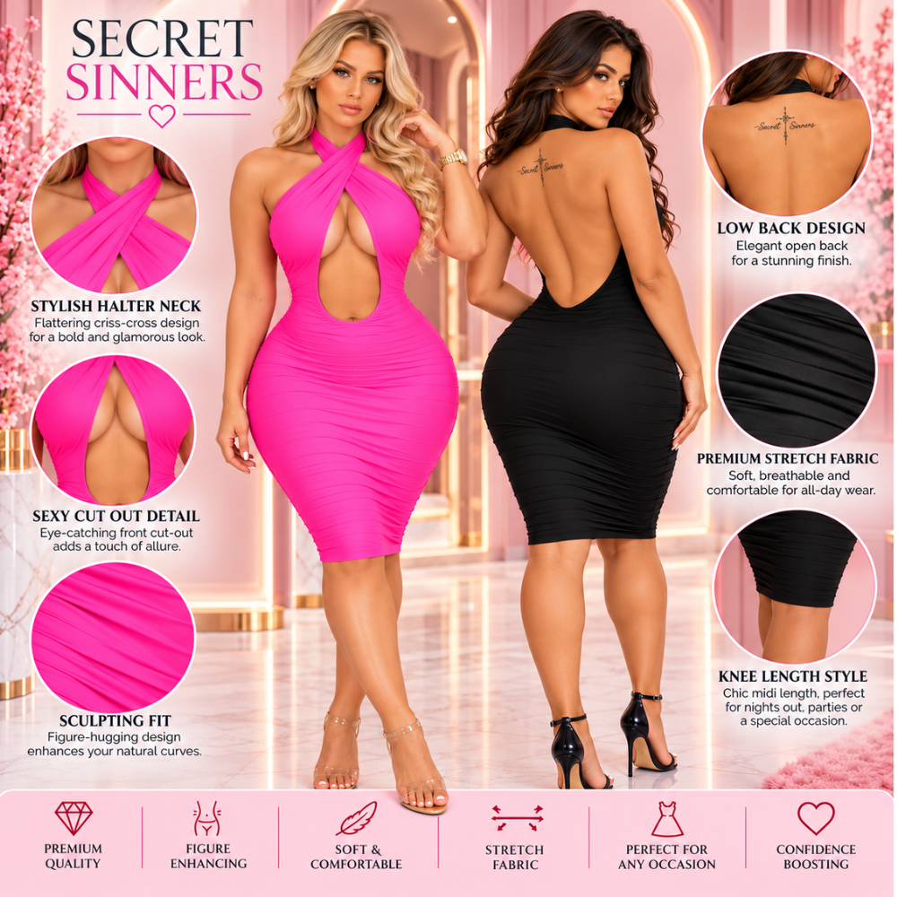 Sinfully Yours dress features including halter neck, front cut-out and open back
