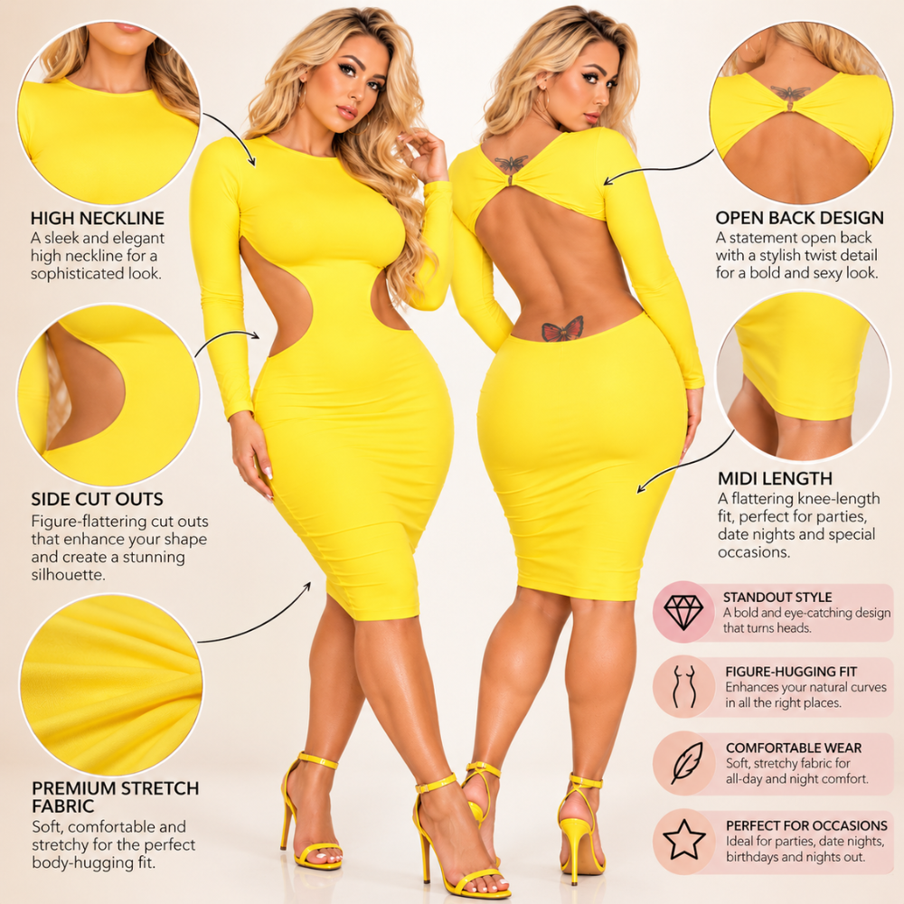Yellow bodycon dress features including long sleeves, side cut-outs and open back