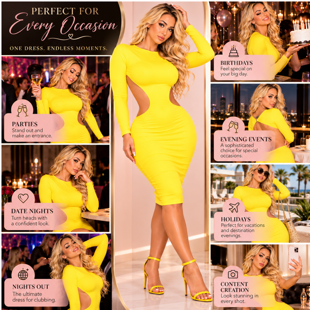 Yellow cut-out bodycon dress styled for parties, date nights, birthdays and holidays