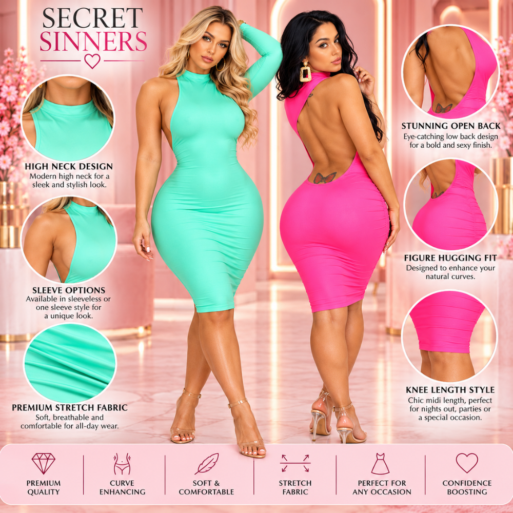 Features of the mint green and hot pink Curve Appeal dresses, including neckline, open back and fitted midi length