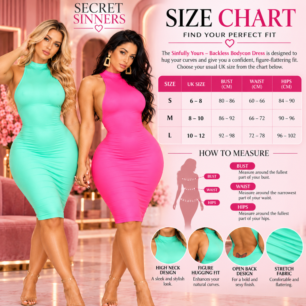 UK size guide for the Sinners Curve Appeal mint green and hot pink bodycon midi dress