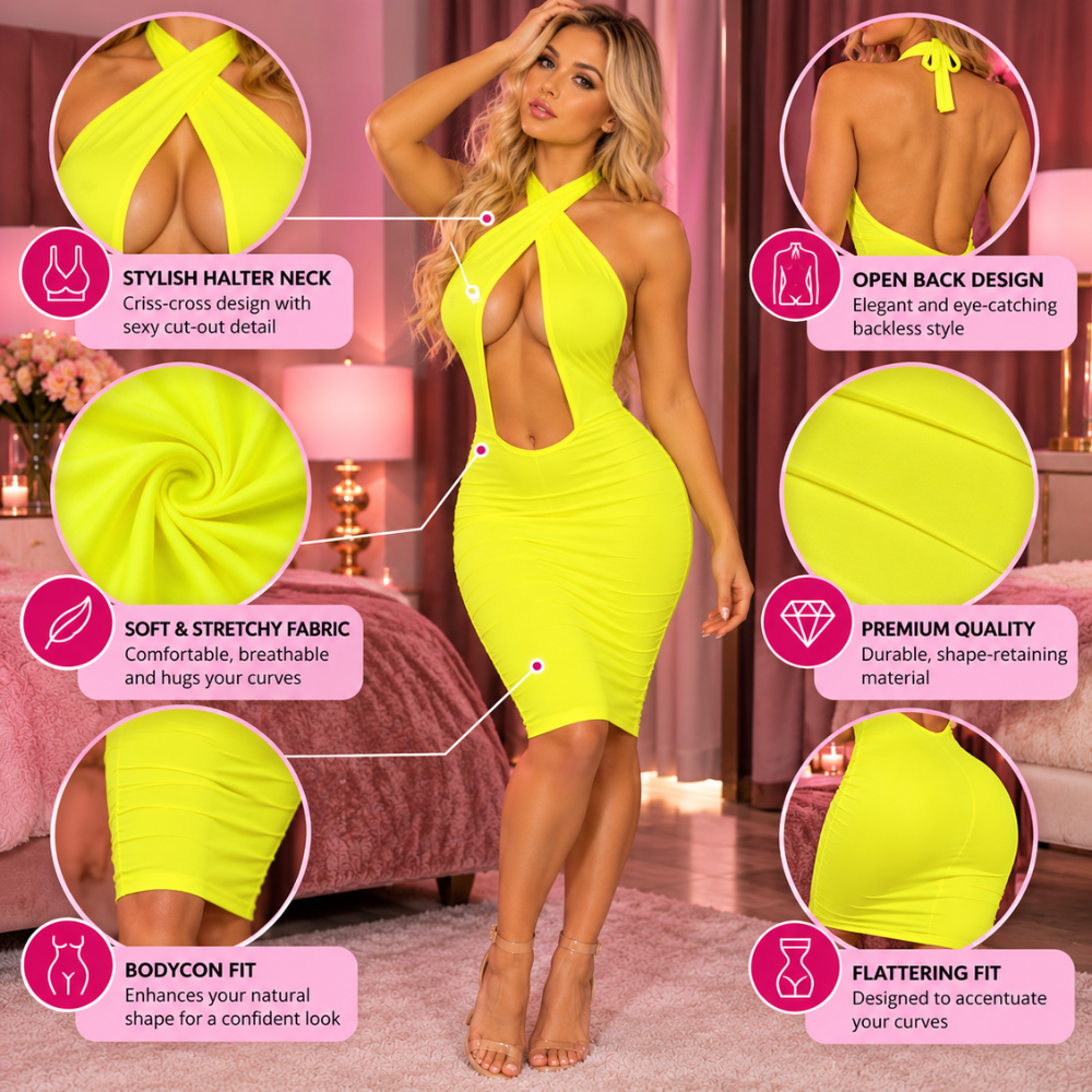 Key features of the neon yellow halter bodycon dress