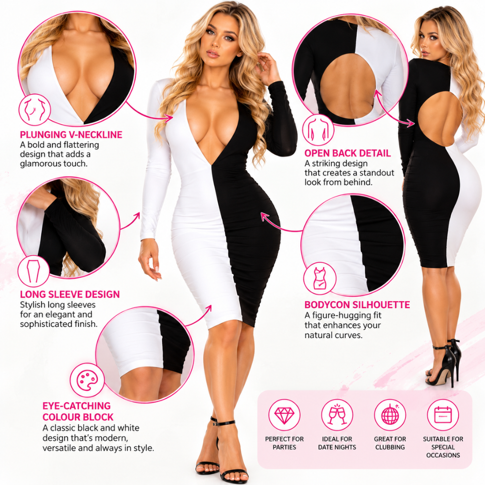 Features of the black and white cut-out bodycon midi dress