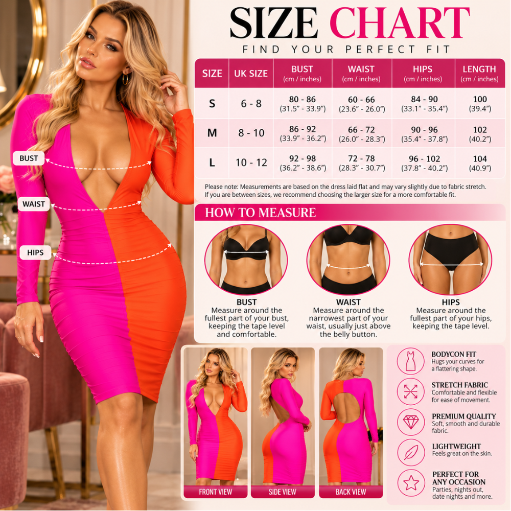 Sinners Neon Muse dress size chart for UK sizes 6–12