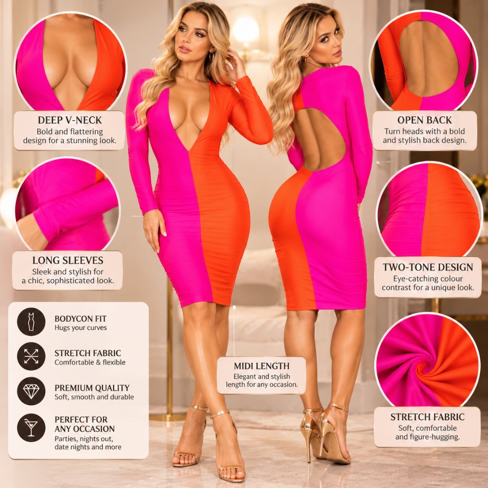 Pink and orange colour block dress styled in a luxury interior