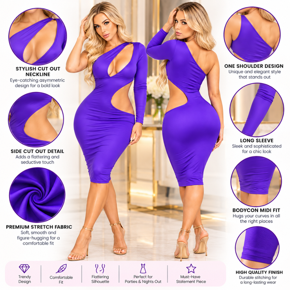 Purple dress featuring chest and waist cut-outs and a single long sleeve